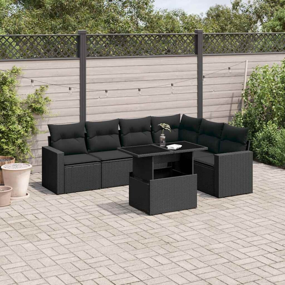 vidaXL 7-delige Loungeset met kussens poly rattan zwart vidaXL 7-delige Loungeset met kussens poly rattan zwart afbeelding 1