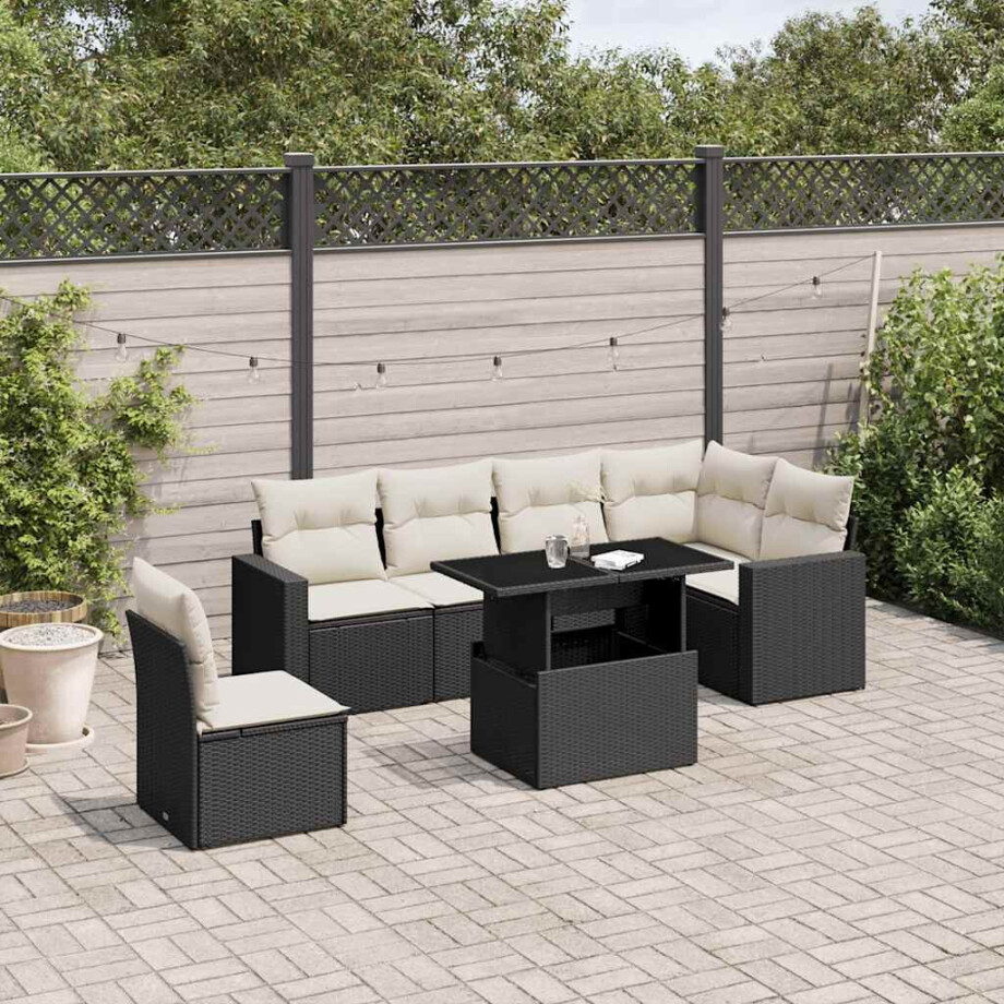 vidaXL 7-delige Loungeset met kussens poly rattan zwart vidaXL 7-delige Loungeset met kussens poly rattan zwart afbeelding 1