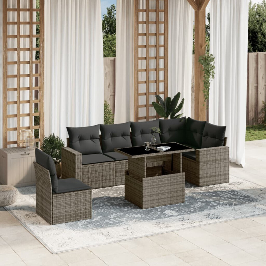 vidaXL 7-delige Loungeset met kussens poly rattan grijs afbeelding 1