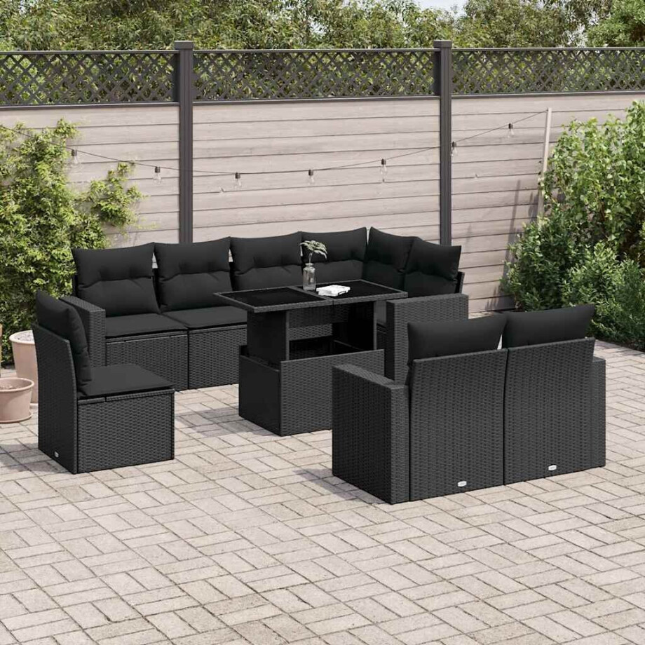 vidaXL 9-delige Loungeset met kussens poly rattan zwart afbeelding 1