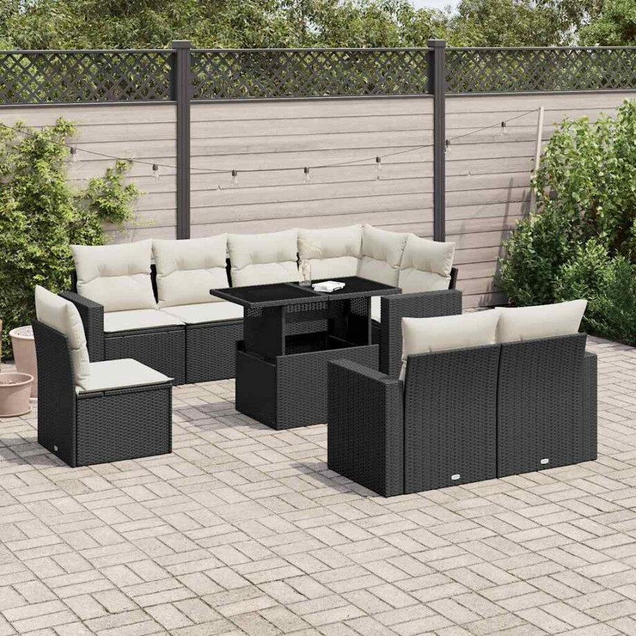 vidaXL 9-delige Loungeset met kussens poly rattan zwart afbeelding 1