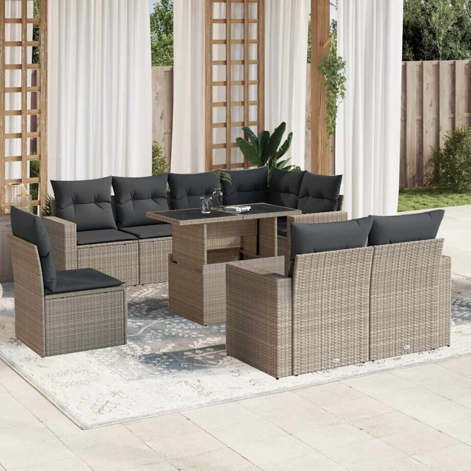 vidaXL 9-delige Loungeset met kussens poly rattan lichtgrijs afbeelding 1