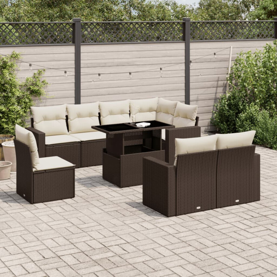 vidaXL 9-delige Loungeset met kussens poly rattan bruin vidaXL 9-delige Loungeset met kussens poly rattan bruin afbeelding 1