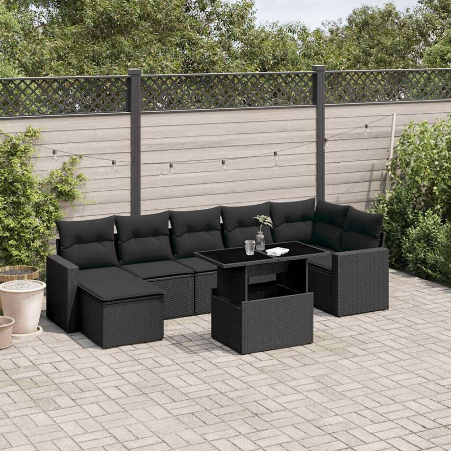 vidaXL 8-delige Loungeset met kussens poly rattan zwart afbeelding 1
