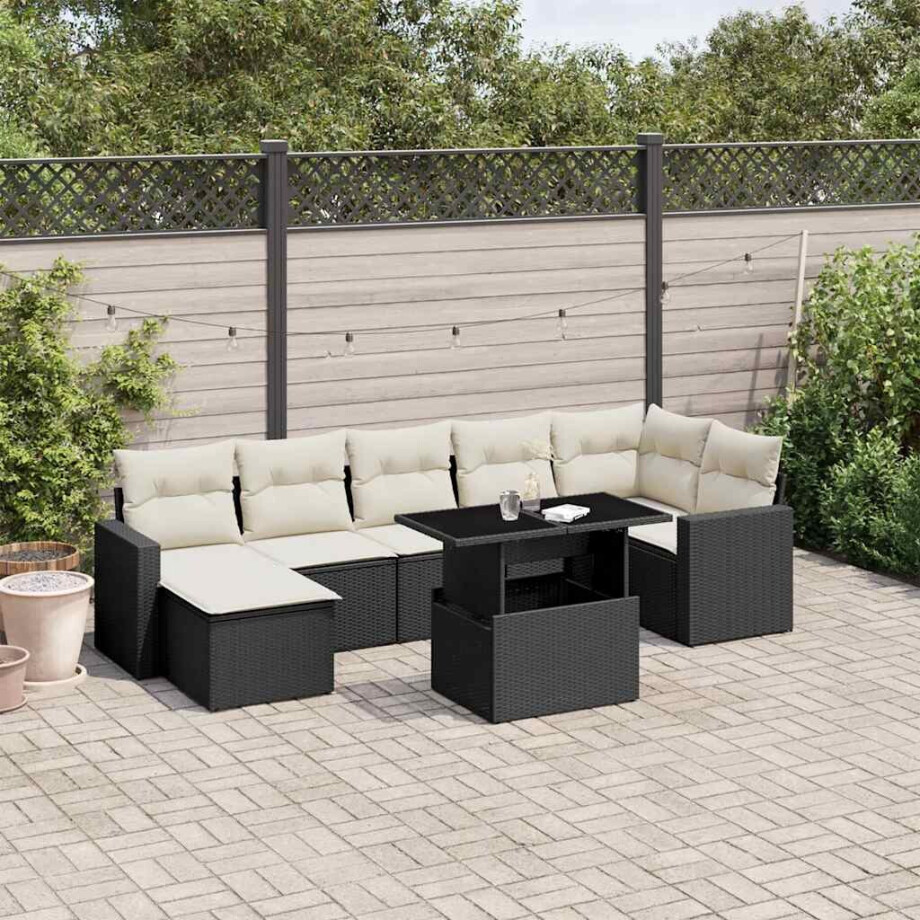 vidaXL 8-delige Loungeset met kussens poly rattan zwart afbeelding 1