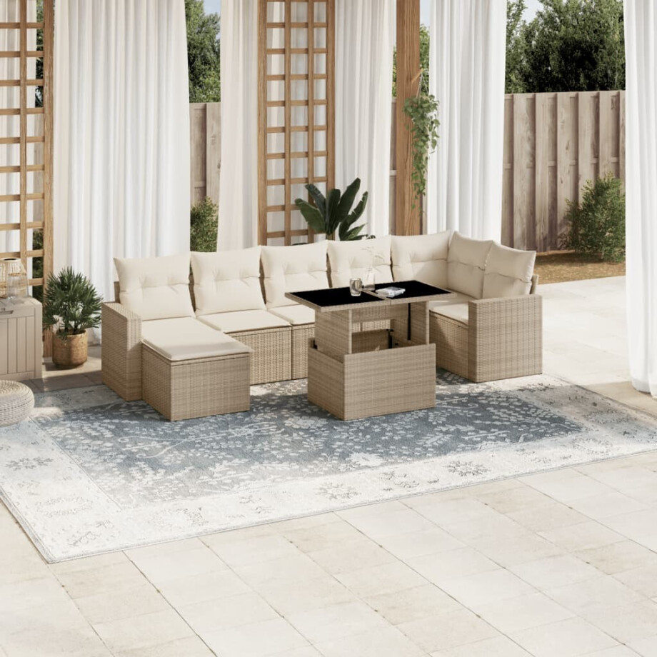 vidaXL 8-delige Loungeset met kussens poly rattan beige afbeelding 1