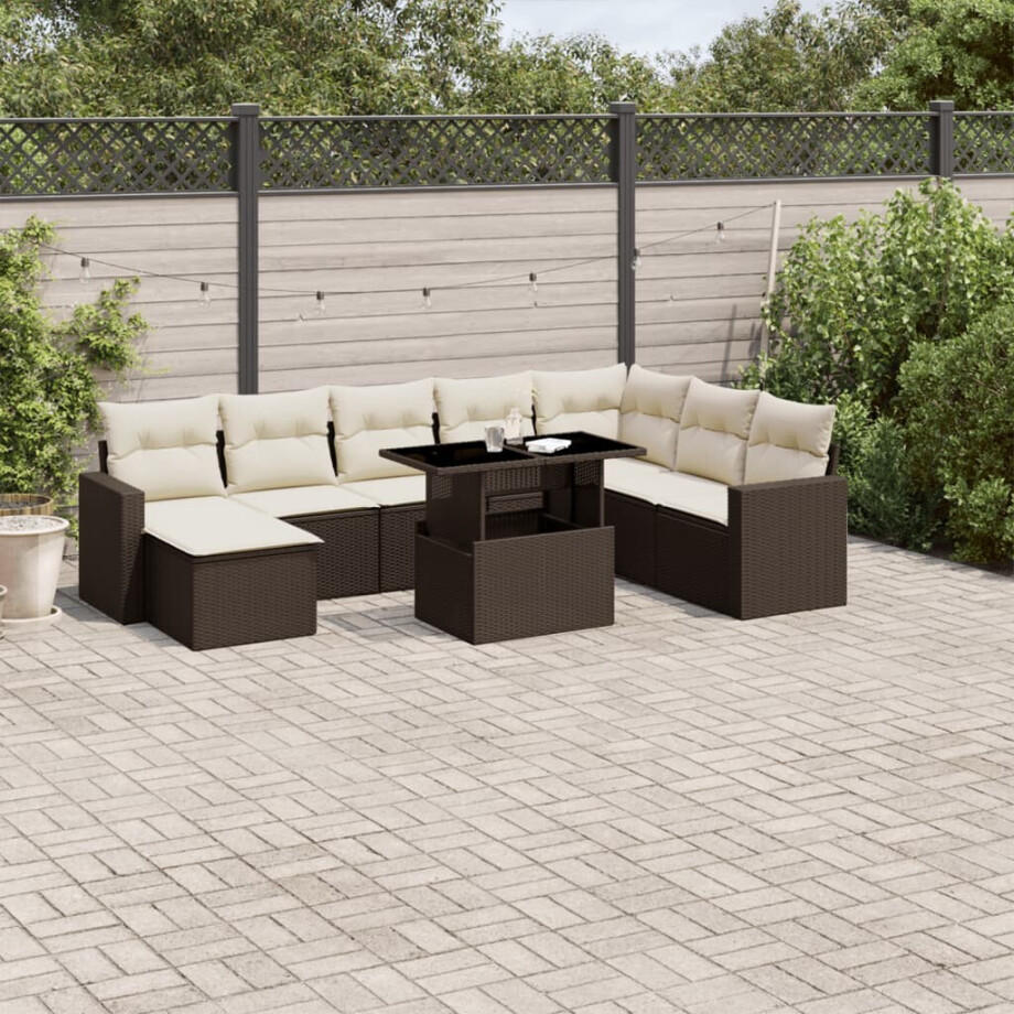 vidaXL 9-delige Loungeset met kussens poly rattan bruin afbeelding 1
