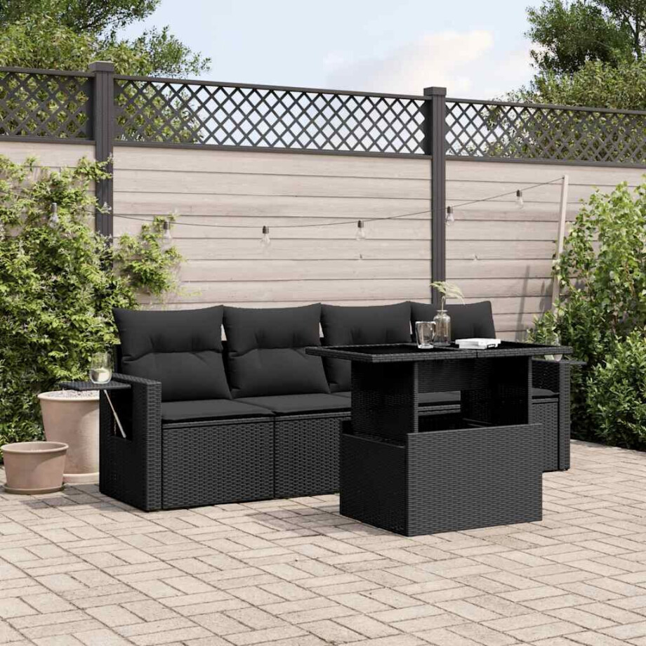 vidaXL 5-delige Loungeset met kussens poly rattan zwart vidaXL 5-delige Loungeset met kussens poly rattan zwart afbeelding 1