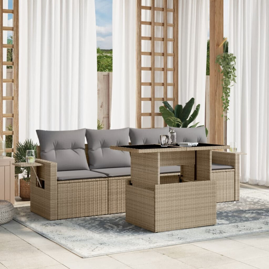 vidaXL 5-delige Loungeset met kussens poly rattan beige afbeelding 1