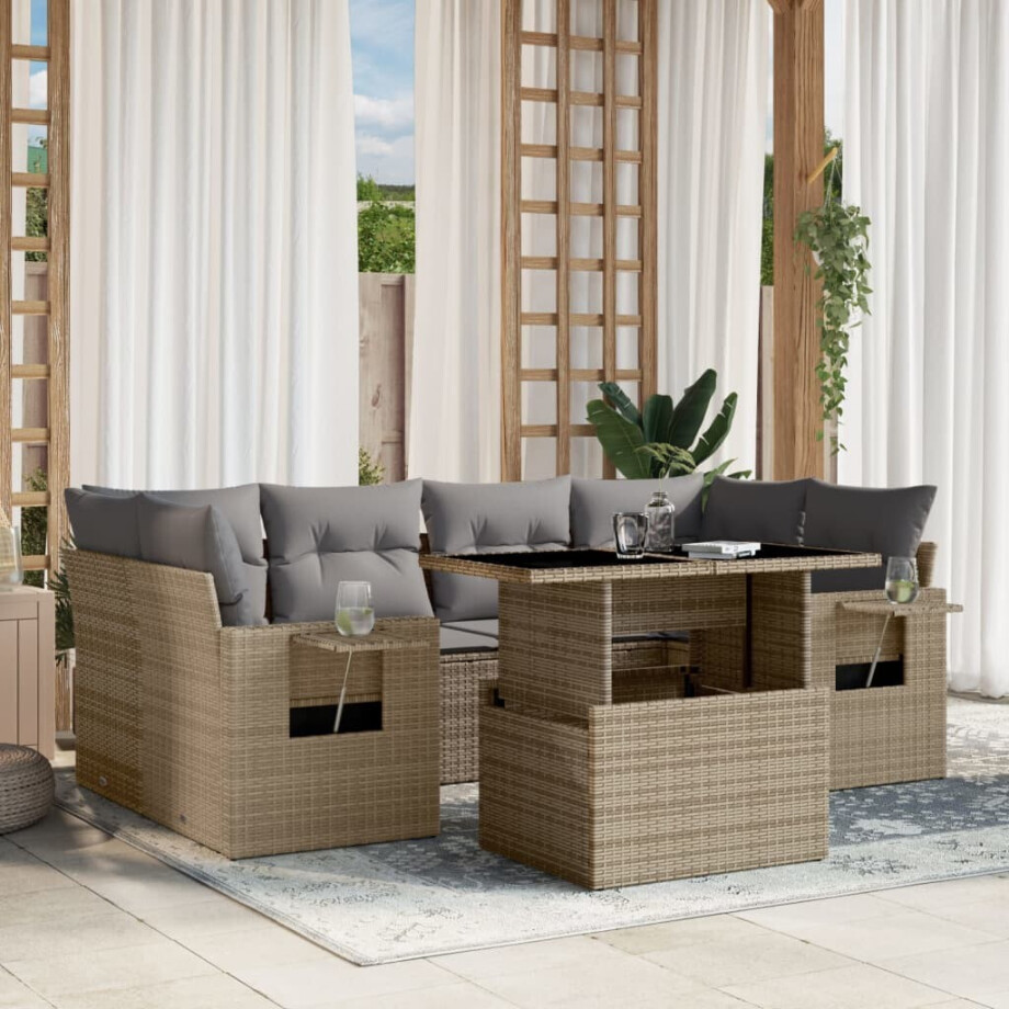 vidaXL 7-delige Loungeset met kussens poly rattan beige vidaXL 7-delige Loungeset met kussens poly rattan beige afbeelding 1