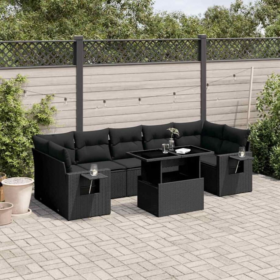 vidaXL 8-delige Loungeset met kussens poly rattan zwart afbeelding 1