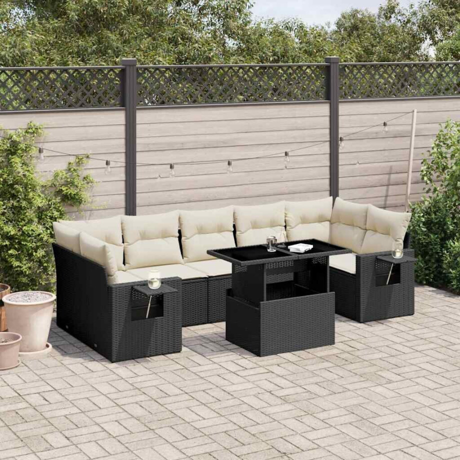 vidaXL 8-delige Loungeset met kussens poly rattan zwart afbeelding 1