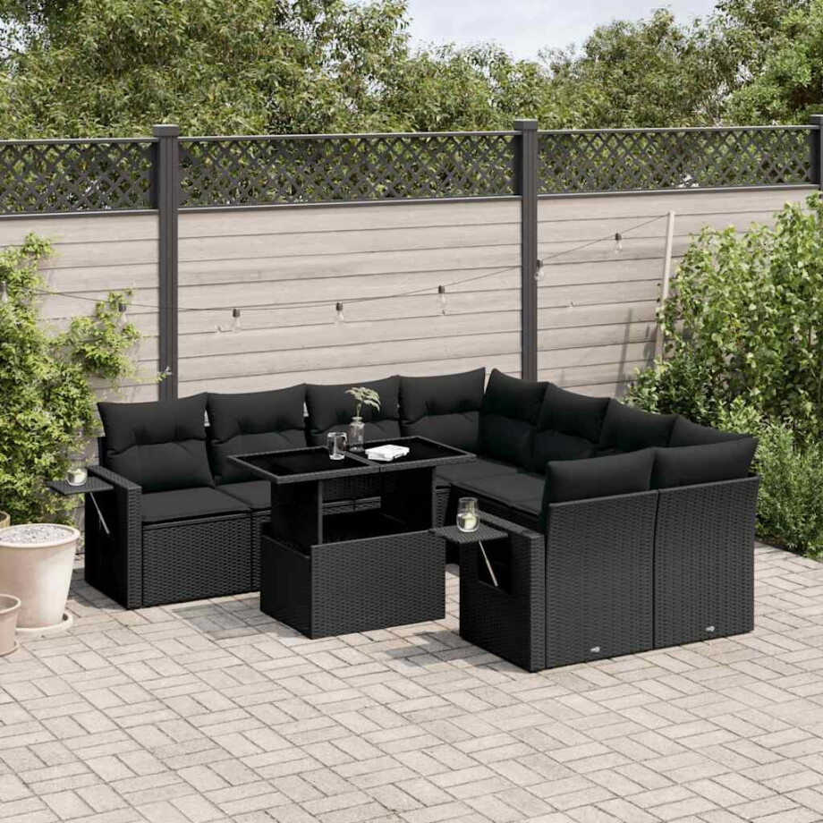 vidaXL 9-delige Loungeset met kussens poly rattan zwart afbeelding 1