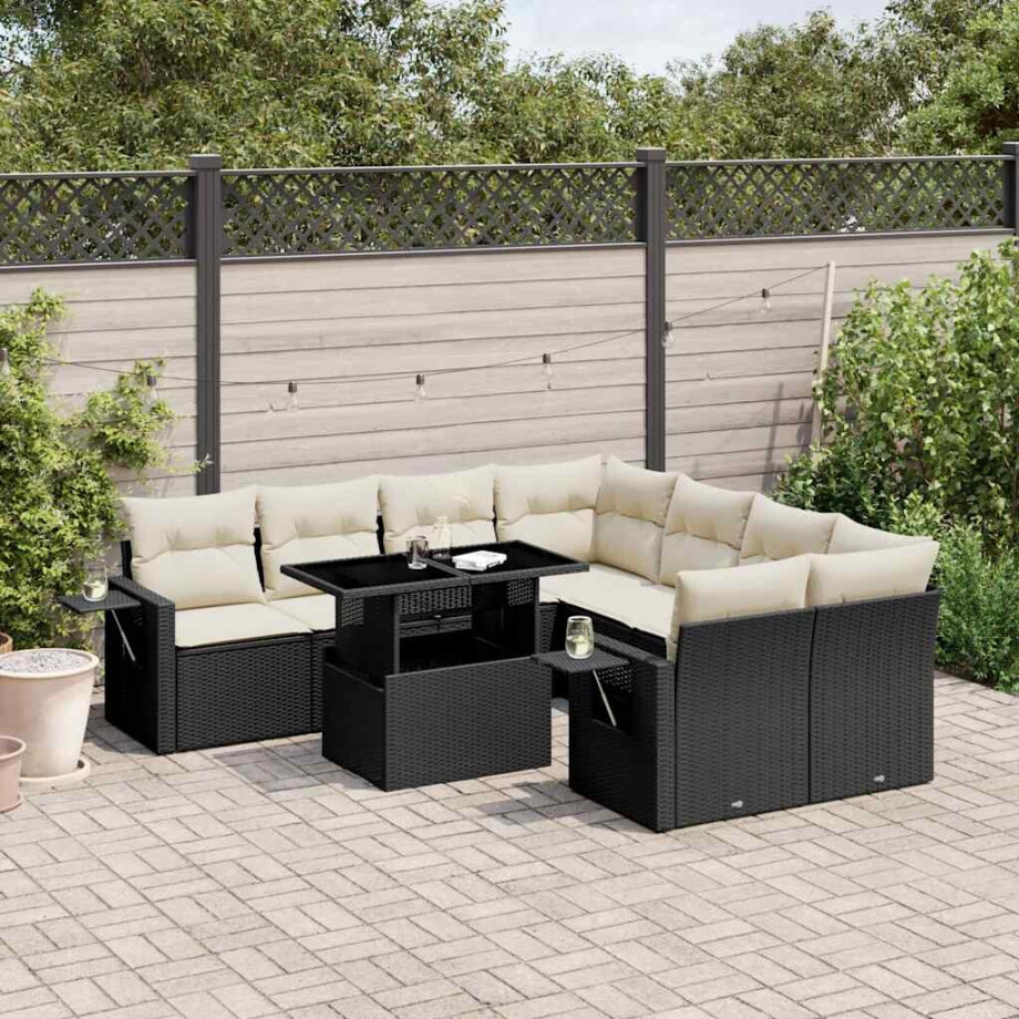 vidaXL 9-delige Loungeset met kussens poly rattan zwart afbeelding 1