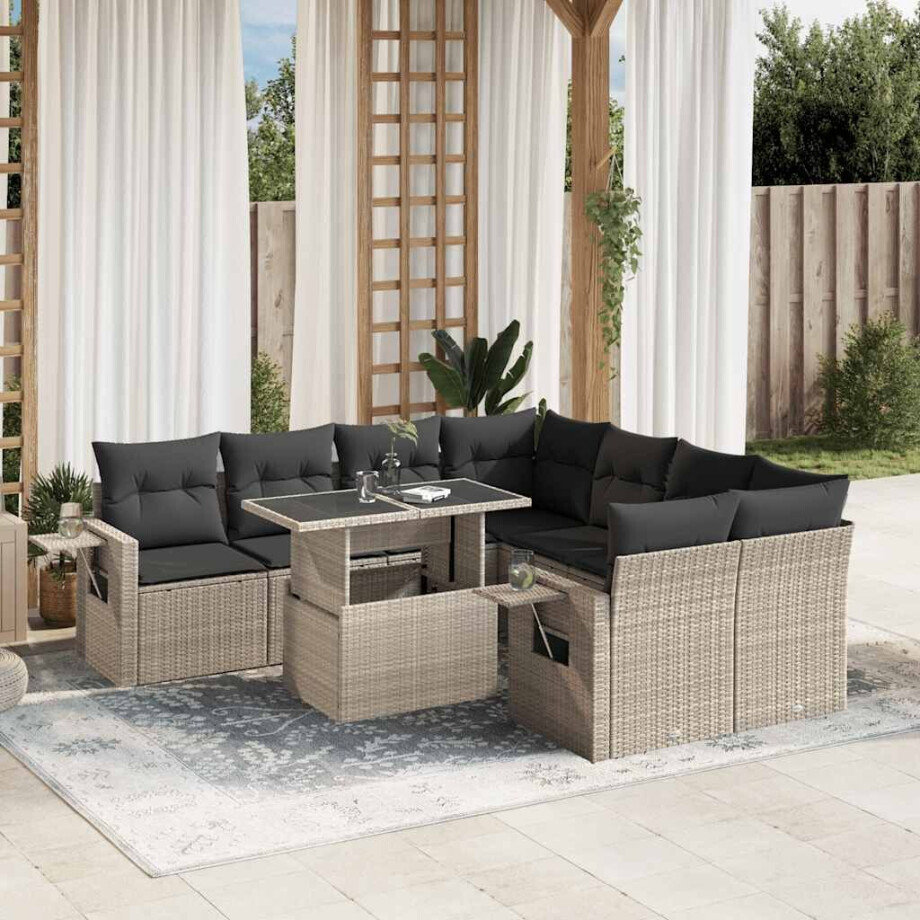 vidaXL 9-delige Loungeset met kussens poly rattan lichtgrijs afbeelding 1