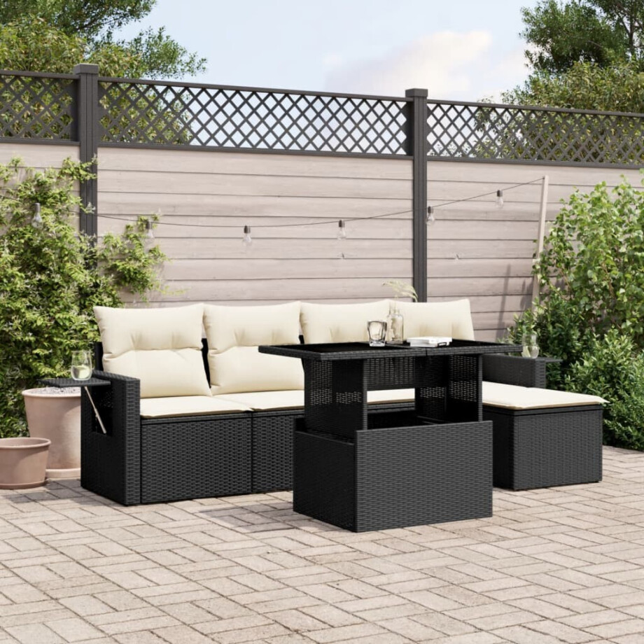 vidaXL 6-delige Loungeset met kussens poly rattan zwart afbeelding 1