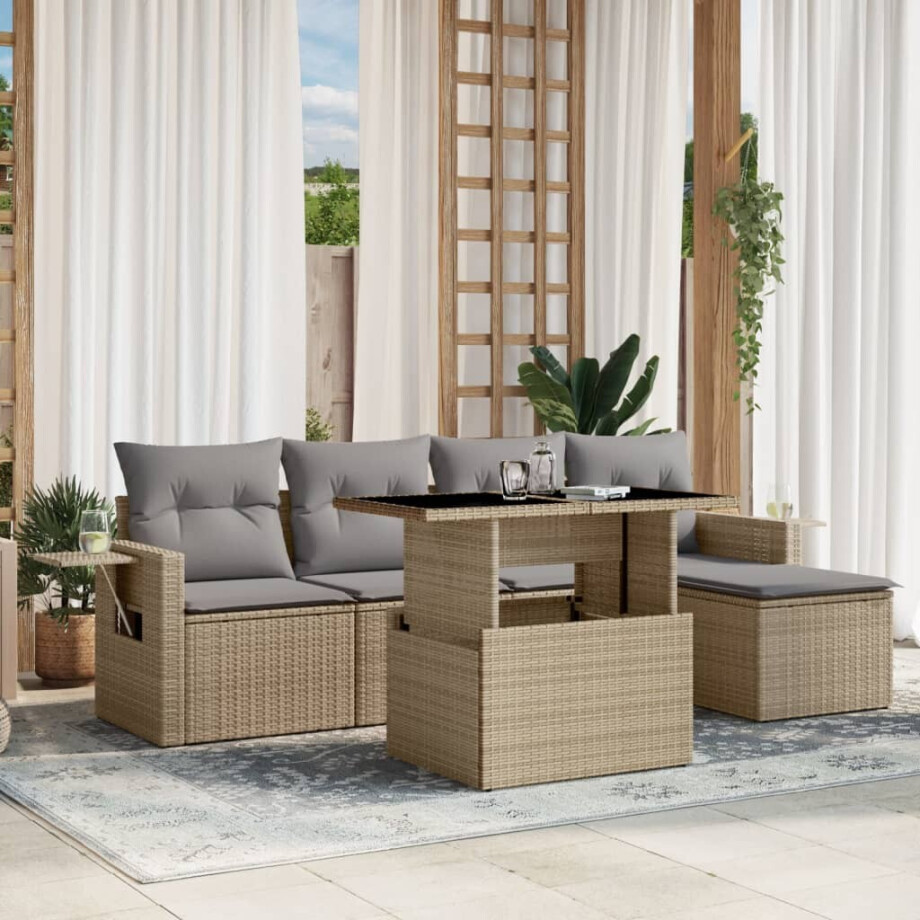 vidaXL 6-delige Loungeset met kussens poly rattan beige afbeelding 1