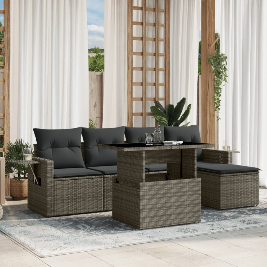 vidaXL 6-delige Loungeset met kussens poly rattan grijs afbeelding 1
