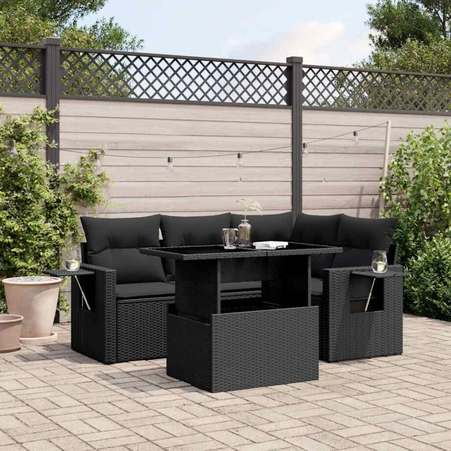 vidaXL 5-delige Loungeset met kussens poly rattan zwart afbeelding 1