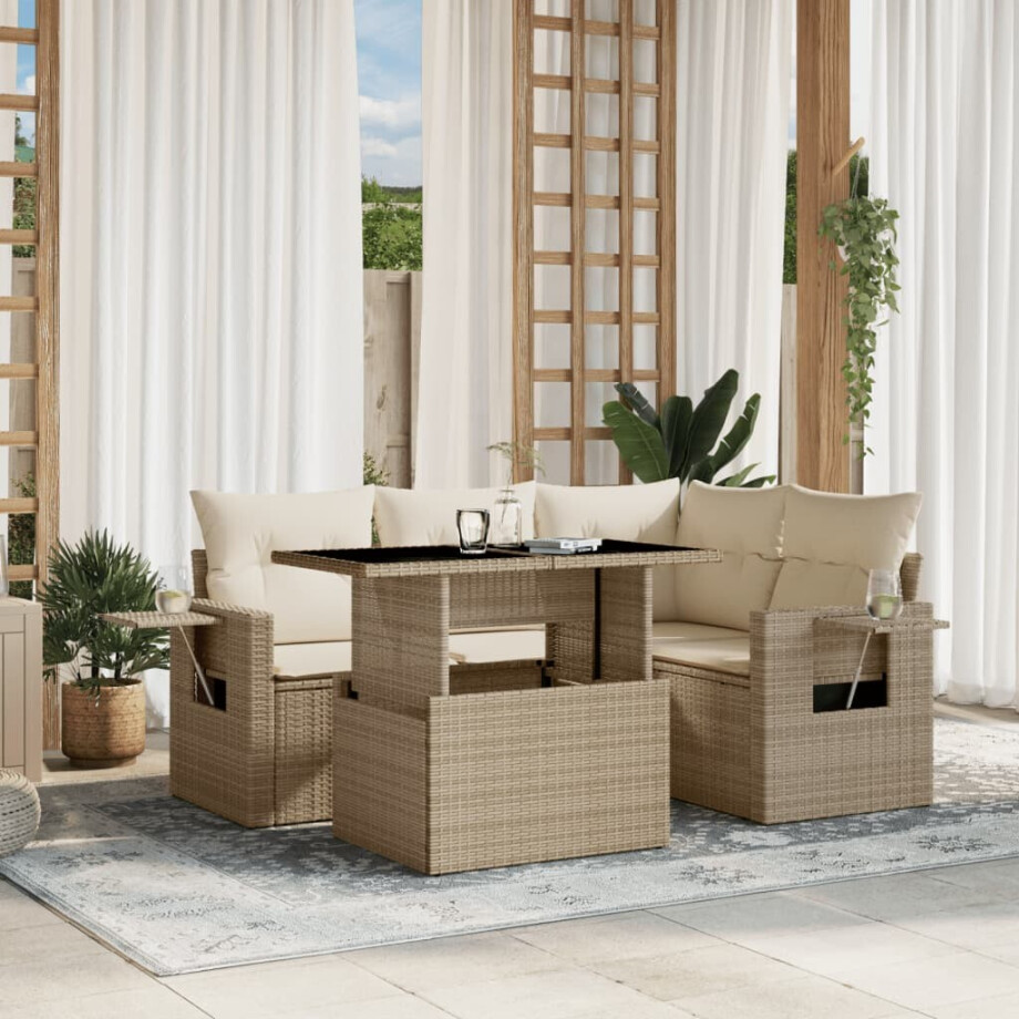 vidaXL 5-delige Loungeset met kussens poly rattan beige afbeelding 1