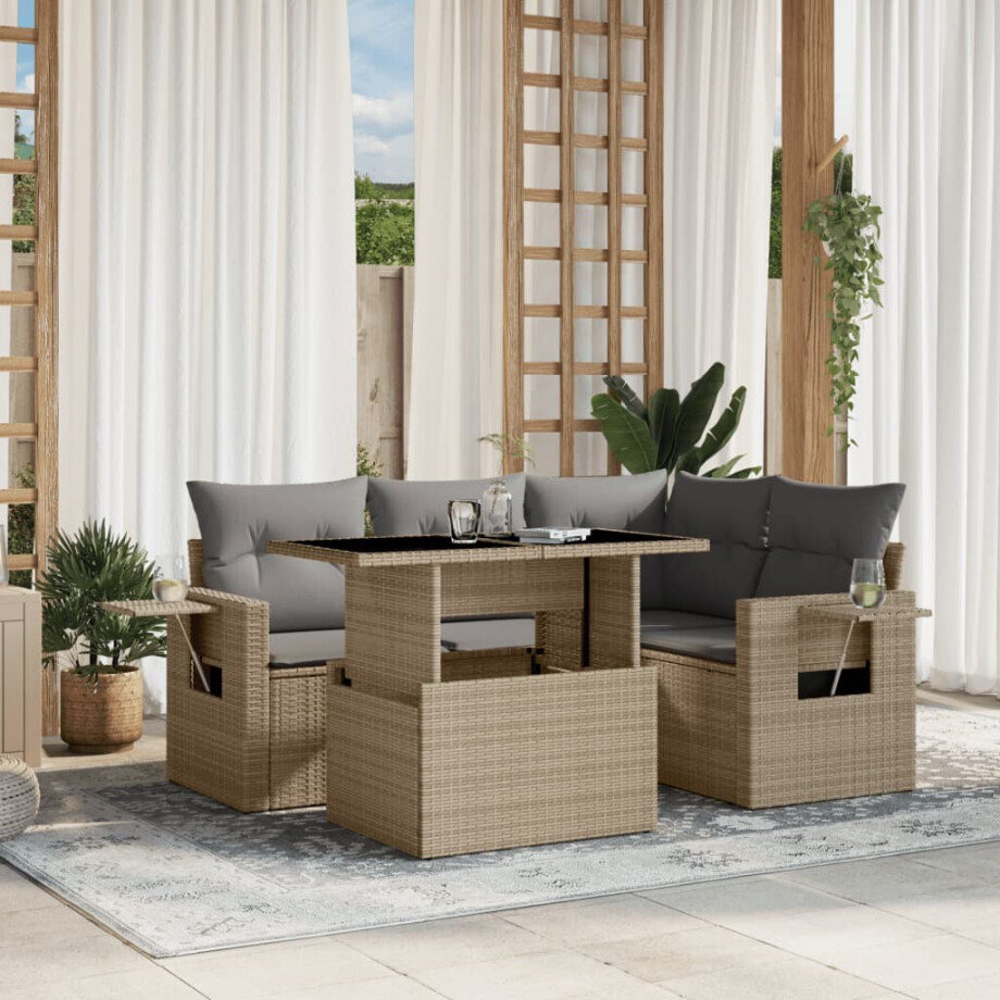 vidaXL 5-delige Loungeset met kussens poly rattan beige vidaXL 5-delige Loungeset met kussens poly rattan beige afbeelding 1