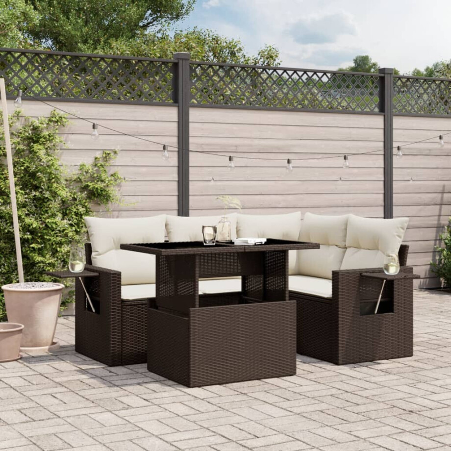 vidaXL 5-delige Loungeset met kussens poly rattan bruin vidaXL 5-delige Loungeset met kussens poly rattan bruin afbeelding 1