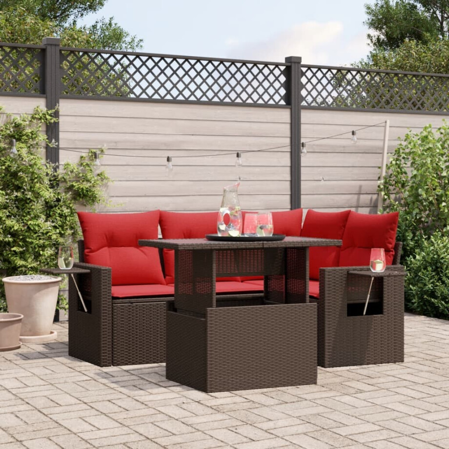 vidaXL 5-delige tuinbankset met kussens, bruin polyrotan vidaXL 5-delige tuinbankset met kussens, bruin polyrotan afbeelding 1