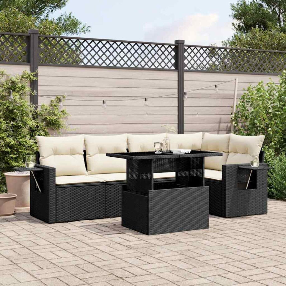 vidaXL 6-delige Loungeset met kussens poly rattan zwart afbeelding 1