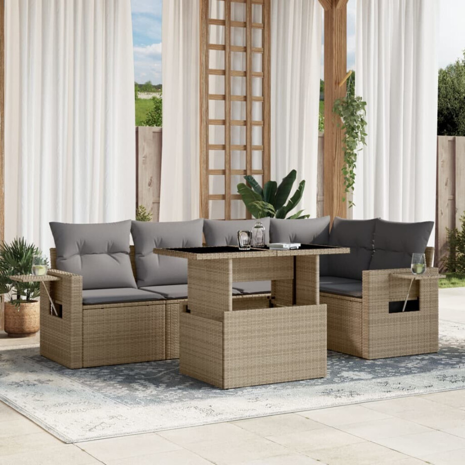 vidaXL 6-delige Loungeset met kussens poly rattan beige afbeelding 1