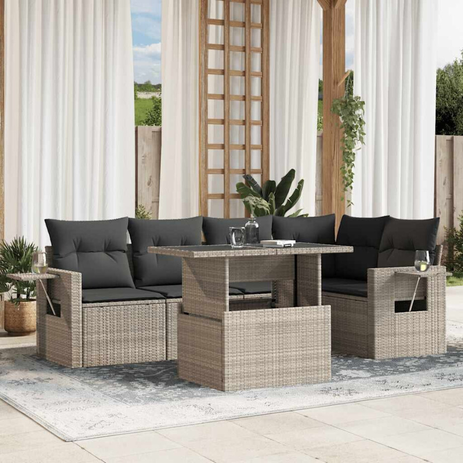 vidaXL 6-delige Loungeset met kussens poly rattan lichtgrijs afbeelding 1