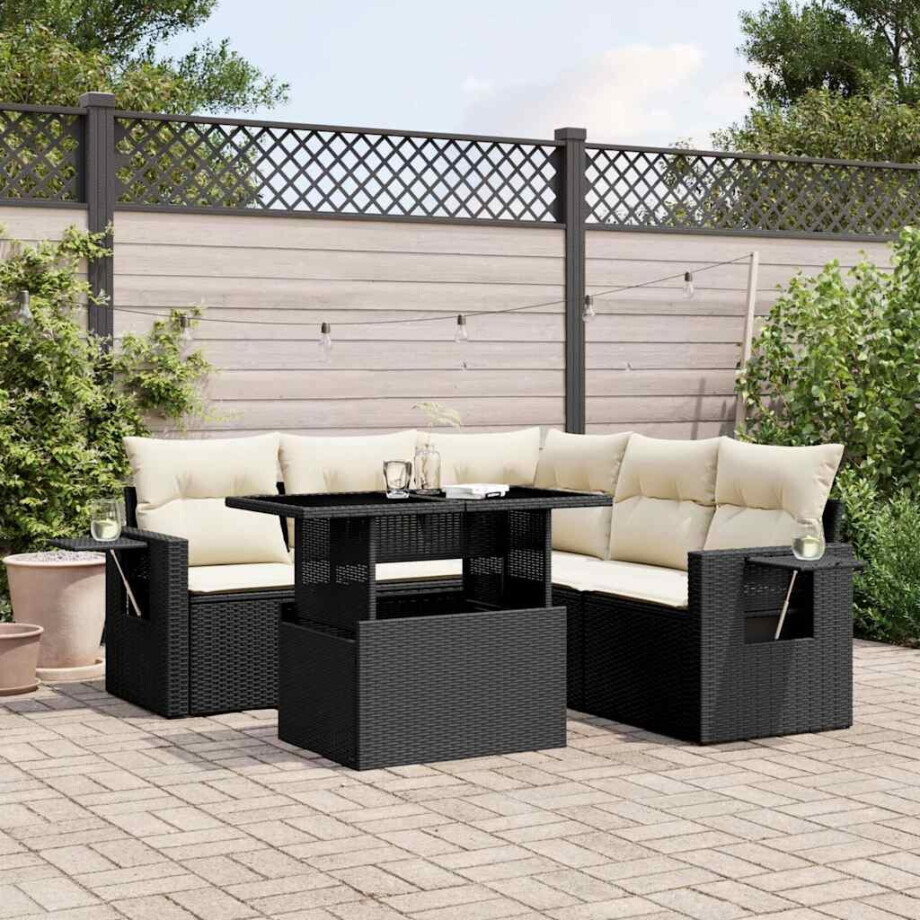 vidaXL 6-delige Loungeset met kussens poly rattan zwart afbeelding 1