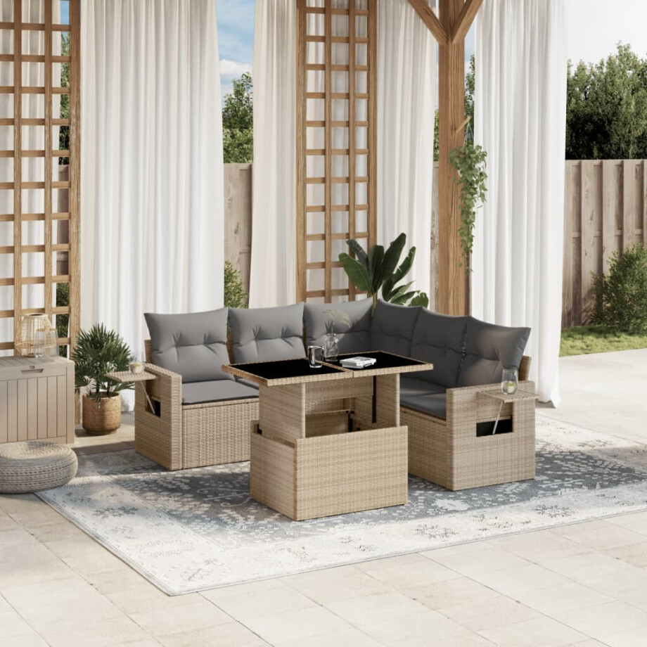 vidaXL 6-delige Loungeset met kussens poly rattan beige afbeelding 1