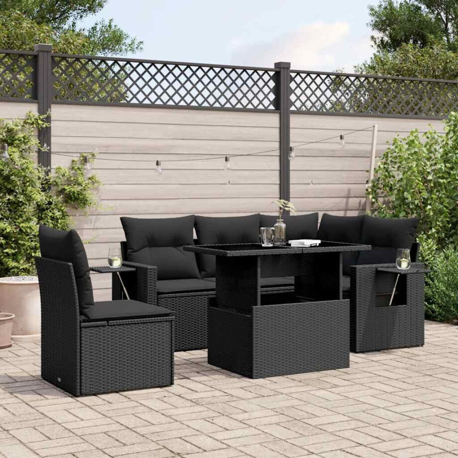 vidaXL 6-delige Loungeset met kussens poly rattan zwart afbeelding 1
