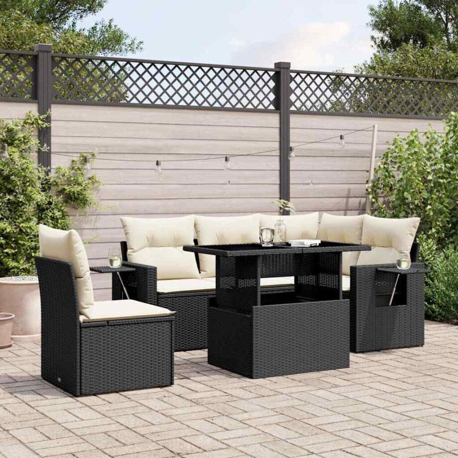 vidaXL 6-delige Loungeset met kussens poly rattan zwart afbeelding 1