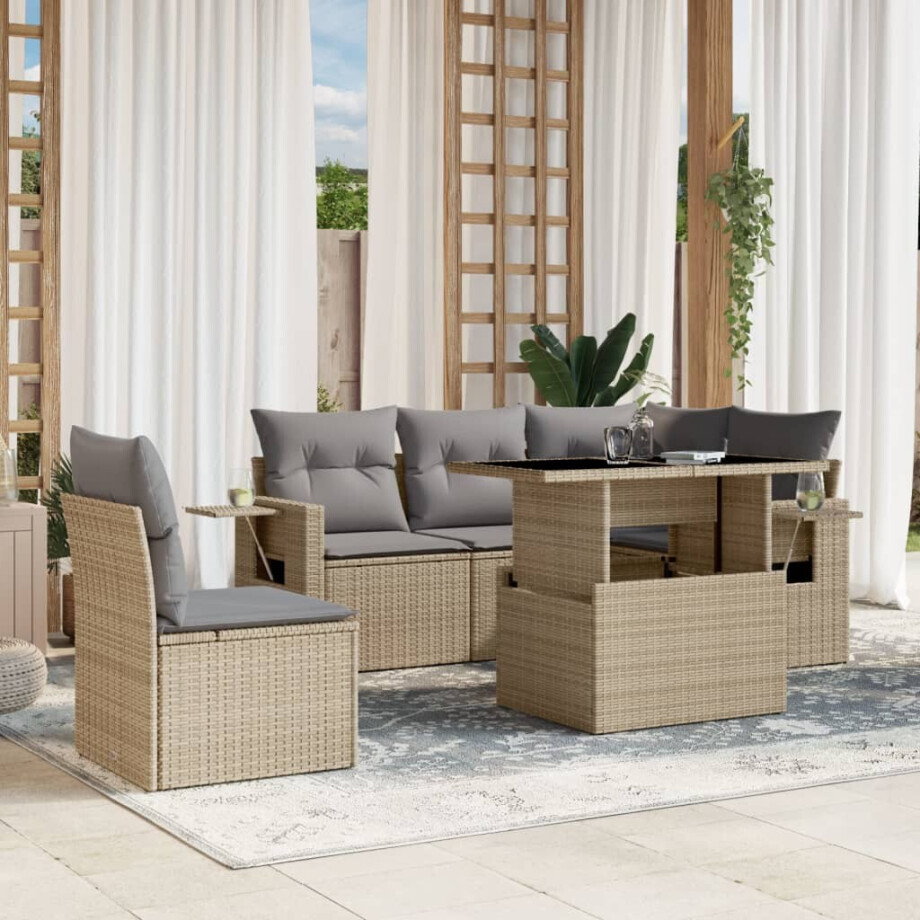 vidaXL 6-delige Loungeset met kussens poly rattan beige afbeelding 1