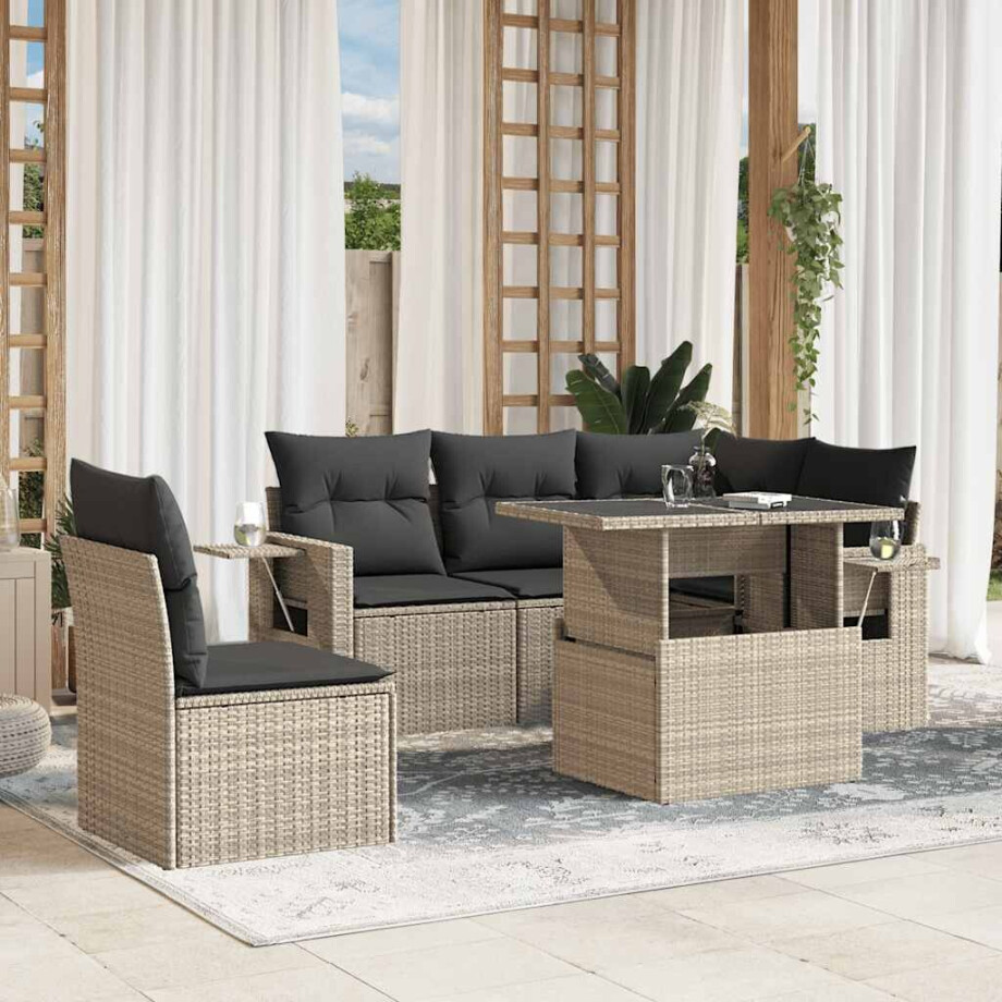 vidaXL 6-delige Loungeset met kussens poly rattan lichtgrijs afbeelding 1