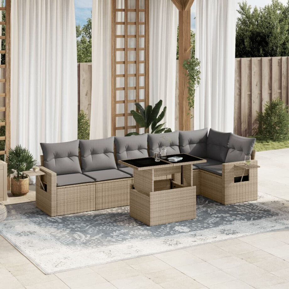 vidaXL 7-delige Loungeset met kussens poly rattan beige vidaXL 7-delige Loungeset met kussens poly rattan beige afbeelding 1