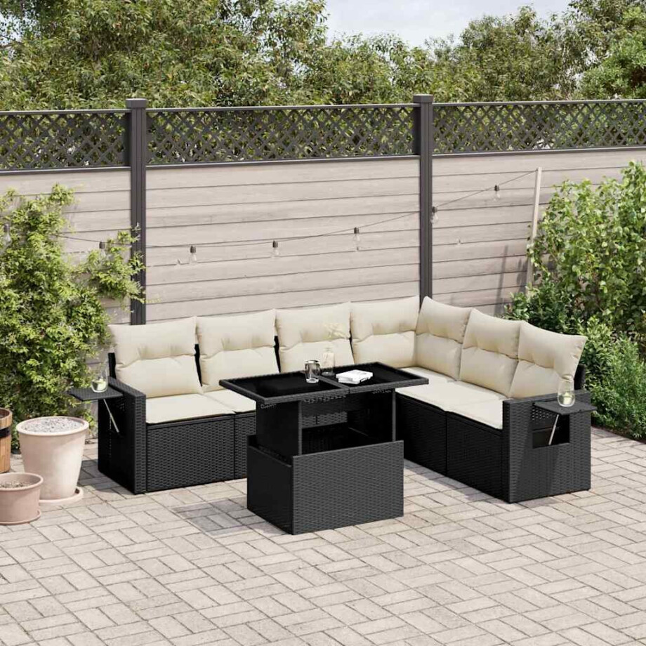 vidaXL 7-delige Loungeset met kussens poly rattan zwart vidaXL 7-delige Loungeset met kussens poly rattan zwart afbeelding 1