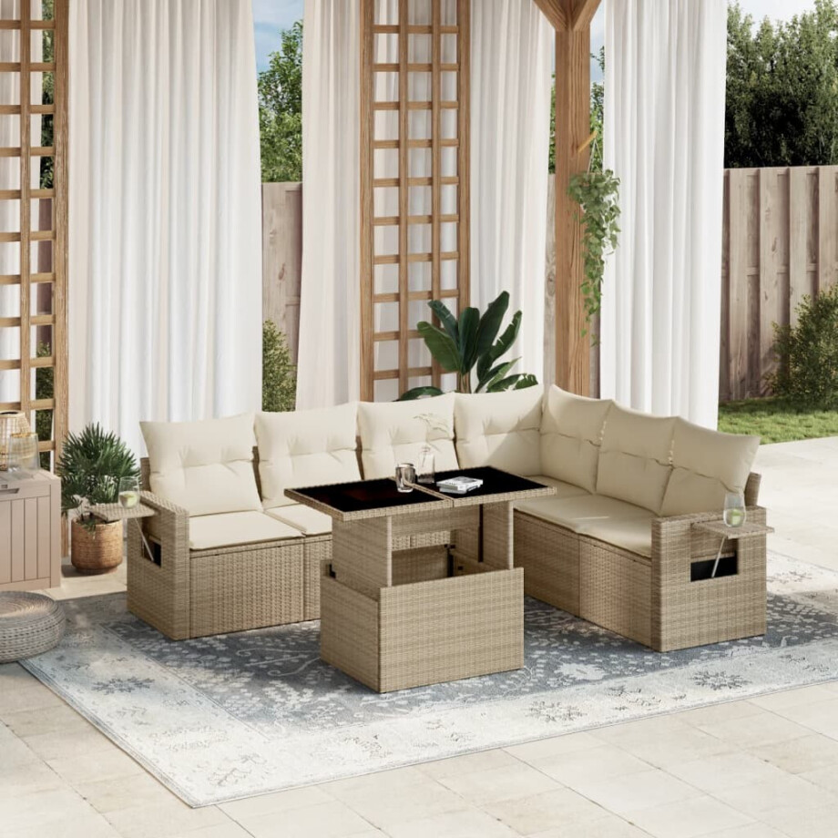 vidaXL 7-delige Loungeset met kussens poly rattan beige afbeelding 1