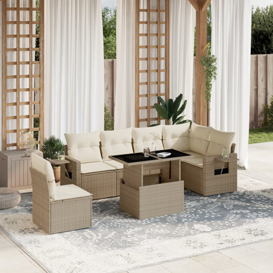 vidaXL 7-delige Loungeset met kussens poly rattan beige afbeelding 1