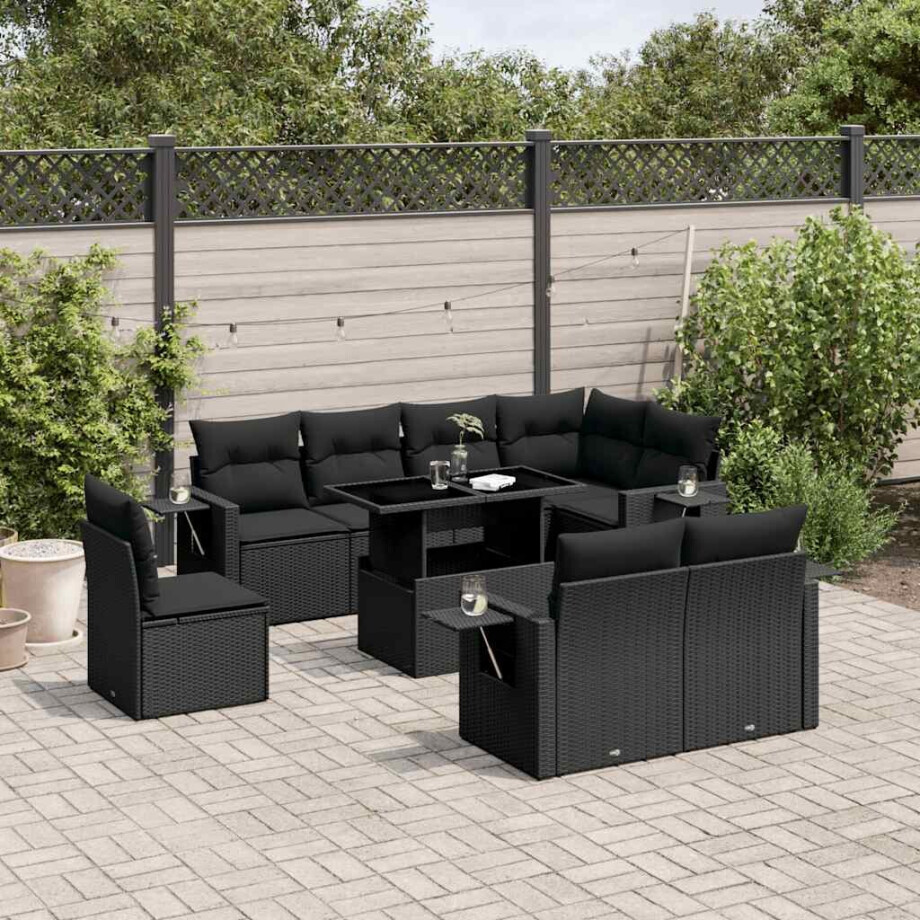 vidaXL 9-delige Loungeset met kussens poly rattan zwart afbeelding 1