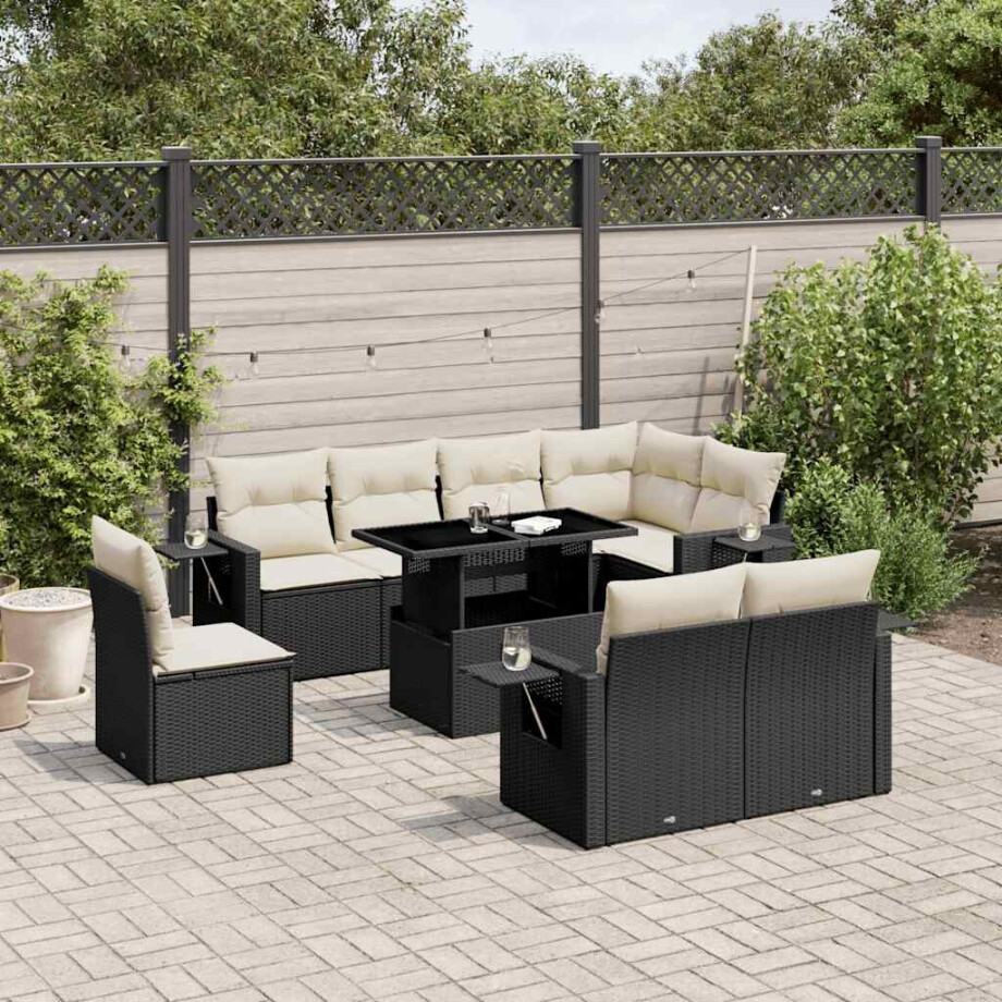 vidaXL 9-delige Loungeset met kussens poly rattan zwart afbeelding 1