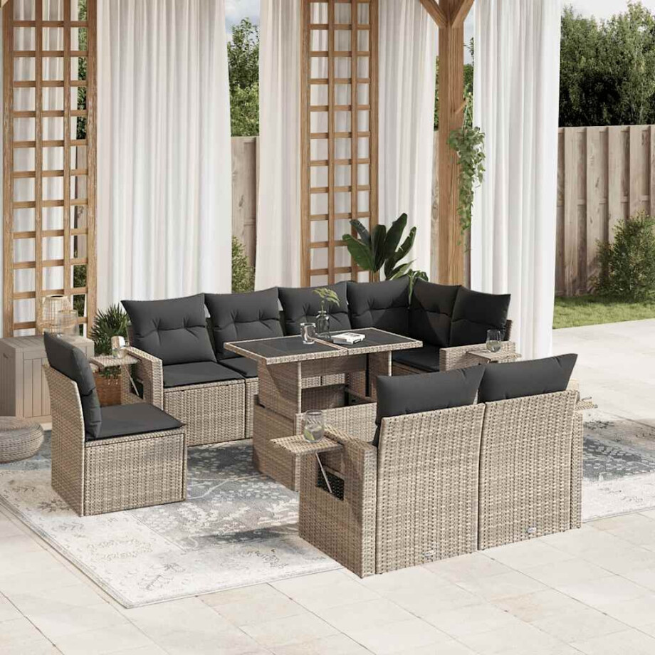 vidaXL 9-delige Loungeset met kussens poly rattan lichtgrijs afbeelding 1