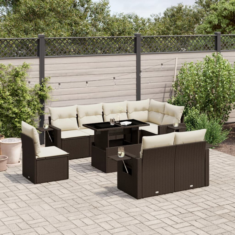 vidaXL 9-delige Loungeset met kussens poly rattan bruin vidaXL 9-delige Loungeset met kussens poly rattan bruin afbeelding 1