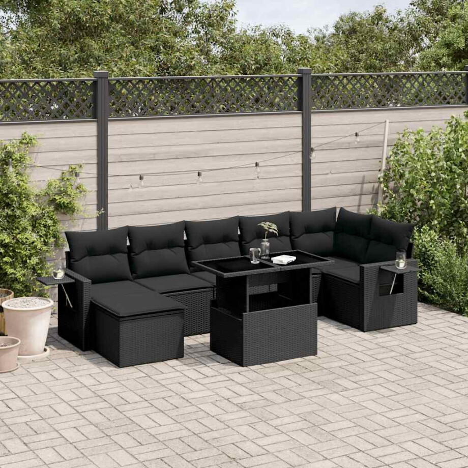 vidaXL 8-delige Loungeset met kussens poly rattan zwart afbeelding 1
