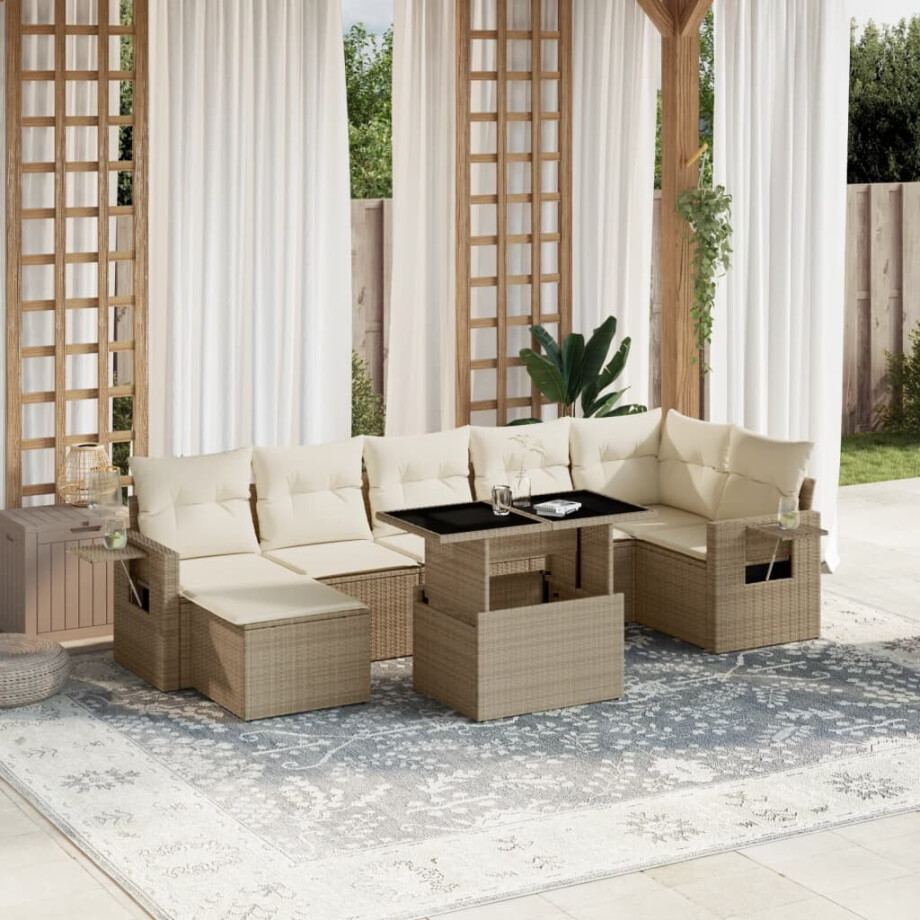 vidaXL 8-delige Loungeset met kussens poly rattan beige afbeelding 1