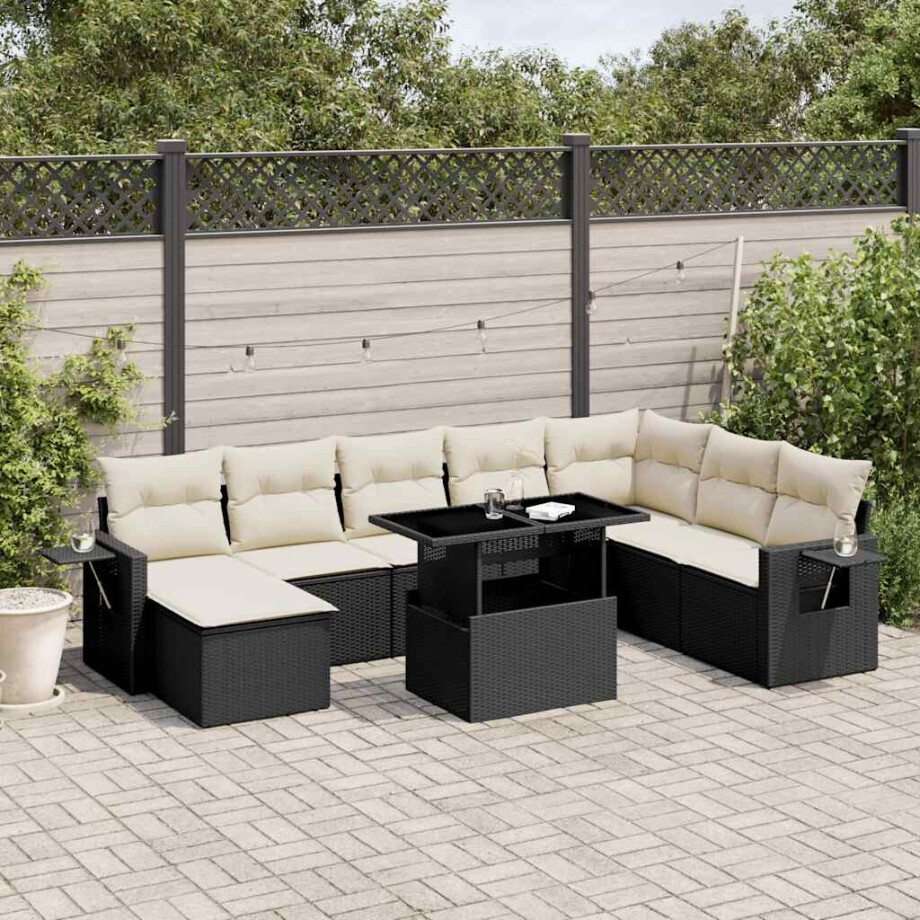 vidaXL 8-delige Loungeset met kussens poly rattan zwart afbeelding 1