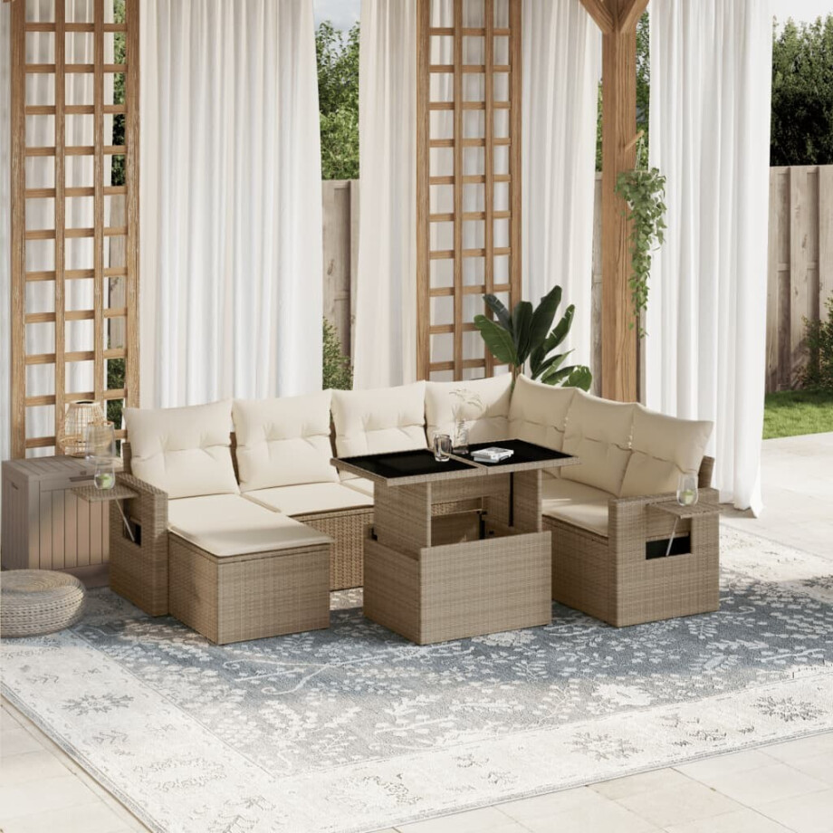 vidaXL 8-delige Loungeset met kussens poly rattan beige afbeelding 1