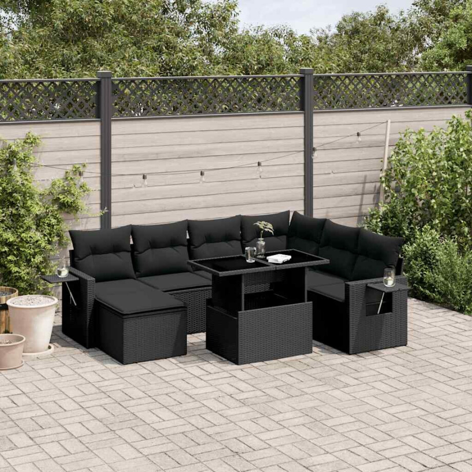 vidaXL 9-delige Loungeset met kussens poly rattan zwart afbeelding 1