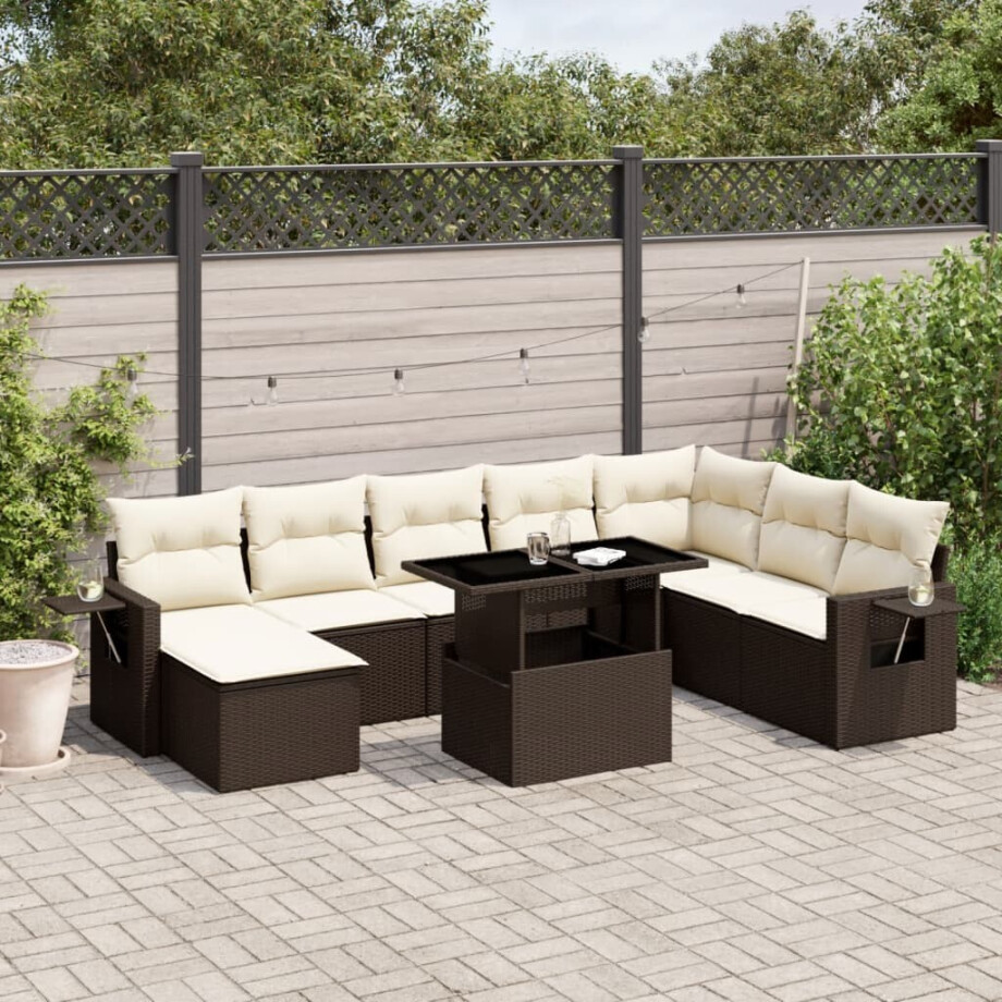 vidaXL 9-delige Loungeset met kussens poly rattan bruin afbeelding 1